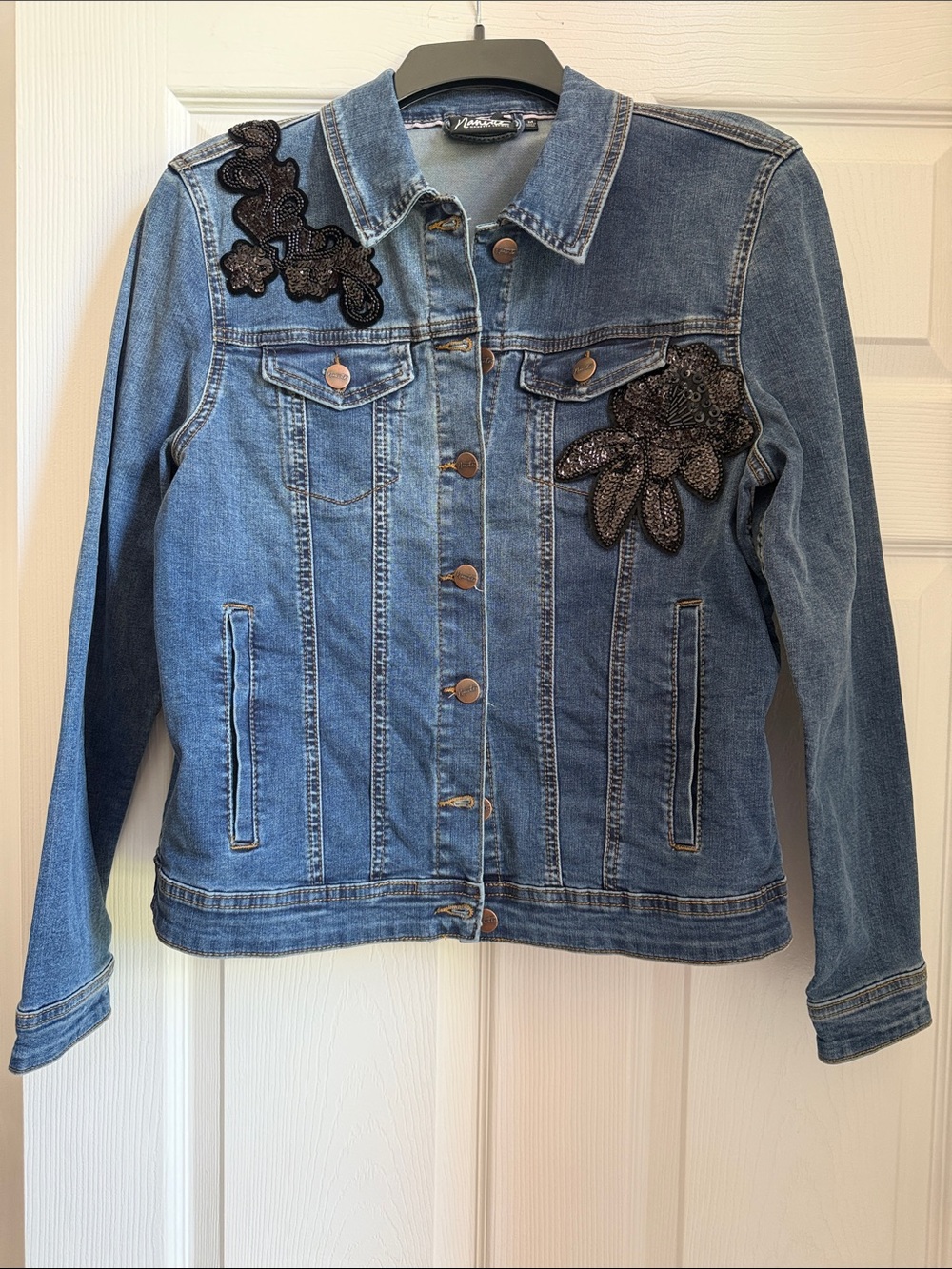 Madison Blue Denim Jacket with Black Beaded Applique